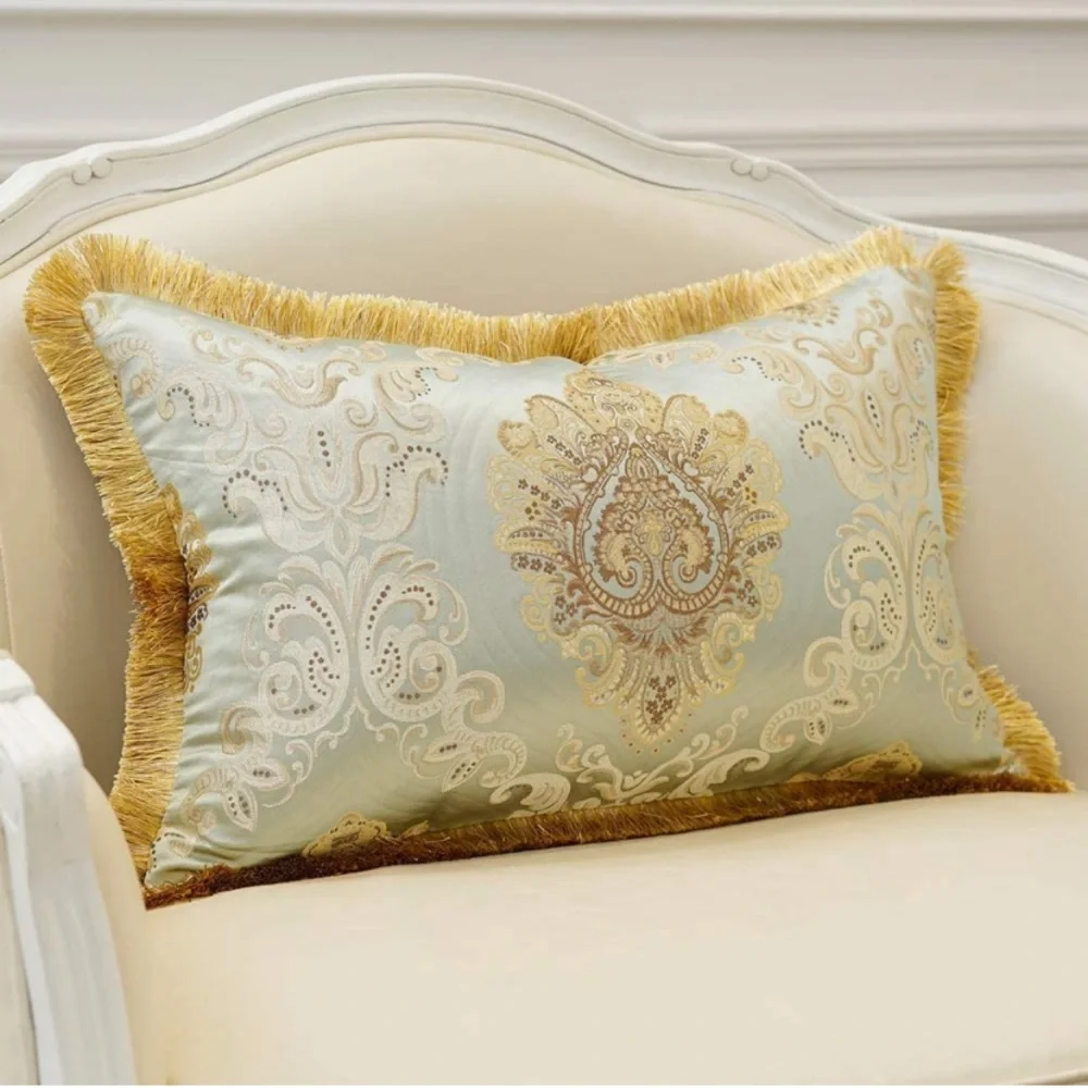 Luxury Home | Elegant Aqua & Gold Jaquard Embroidered Fringe Throw Pillow Cover